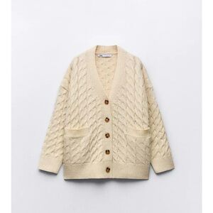 Zara wool-blend Cream Cable Knit Button-Front Cardigan